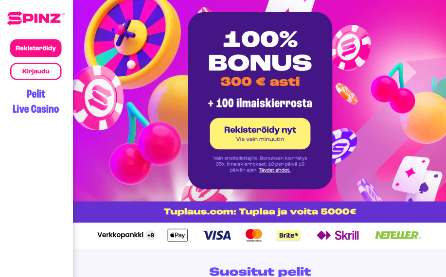 Kuvassa Spinz casino, mikä ilmoittaa ottavansa vastaan Apple Pay talletuksia.