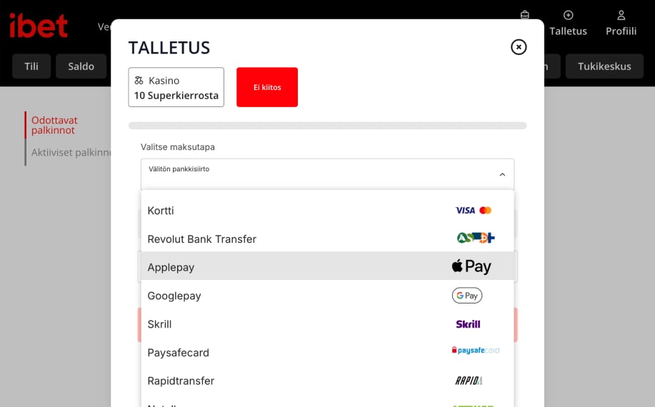 Rahapelisanomat testaaja on valitsemassa Apple Pay iBet kasino- ja vedonlyöntisivustolla. Muita vaihtoehtoja ovat muun muassa Google Pay ja Paysafecard.
