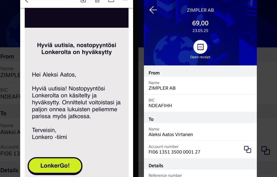 Nostopyyntö hyväksytty nettikasinolta ilman rekisteröitymistä, Zimpler maksu välitetty Aleksi Aatos Virtaselle pankkitilille.