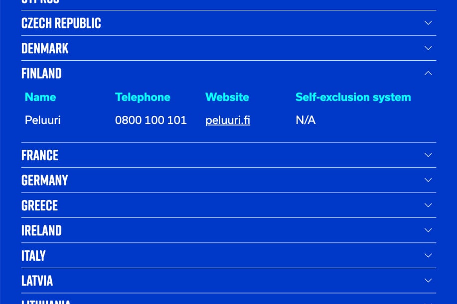 "Sinisellä taustalla oleva taulukko, jossa esitellään eri Euroopan maiden vastuullisen pelaamisen tukipalveluita. Suomella rivillä näkyy Peluuri-niminen palvelu, puhelinnumero 0800 100 101, verkkosivusto peluuri.fi ja tieto, ettei Suomessa erillistä itse-estojärjestelmää ole (N/A).