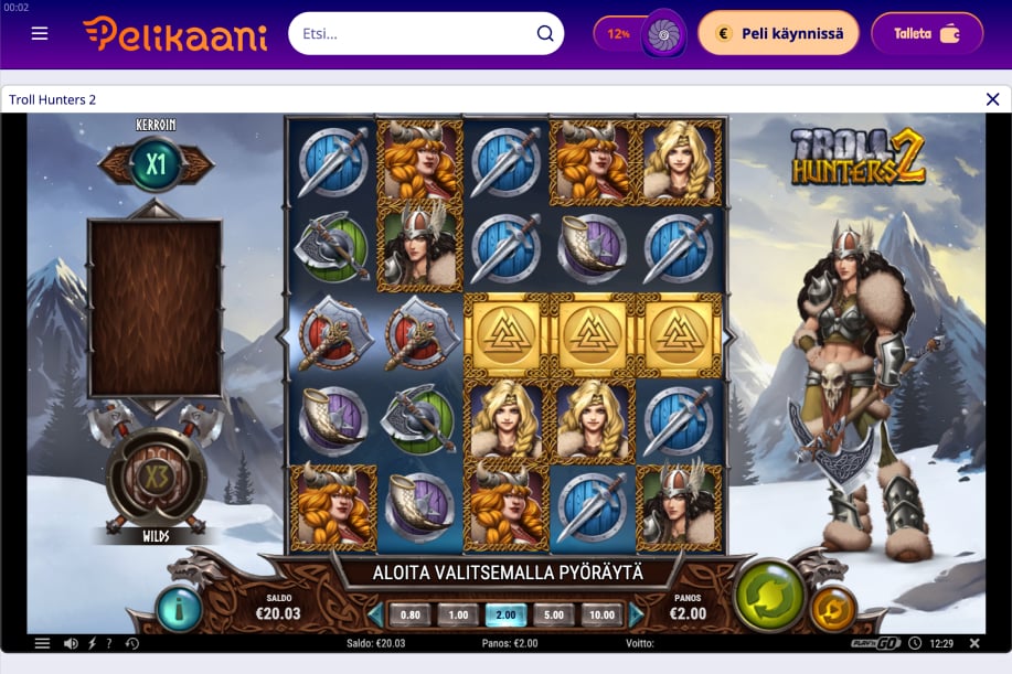 Troll Hunters 2 peli auki Pelikaani-nettikasinolla. Saldo näyttää 20,03 €. Nettikasinon tasosysteemi on 12%.