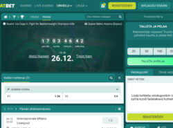 Vivatbetin vedonlyöntisivu, jossa näkyy Ice cage 6 kertoimet Abdul Husseinin ja Tyson Namin otteluun 26.12. Sivun yläosassa on laskuri ottelun alkuun, ja markkinaosiossa esitetään kertoimet Hussein 1.26 ja Nam 3.6. Oikealla näkyy talletus- ja rekisteröitymisikkuna sekä tyhjä vetokuponki. Vasemmassa reunassa on valikko urheilulajikuvakkeilla.