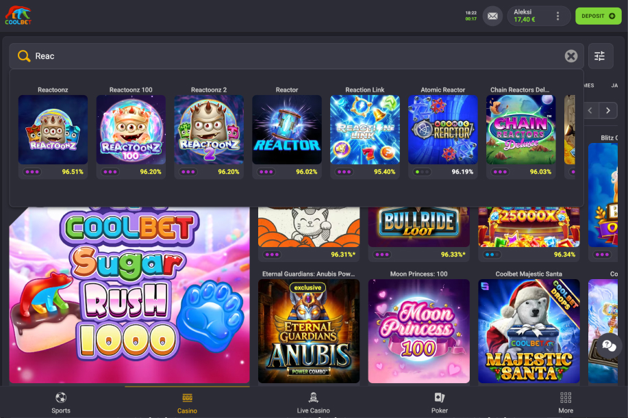 Coolbet peliaulassa käyttäjä on hakenut "Reactoonz" peliä hakusanalla "Reac". Pelit näkyvät. Taustalla näkyy Coolbet Sugar Rush 1000 -brändikasinopeli.