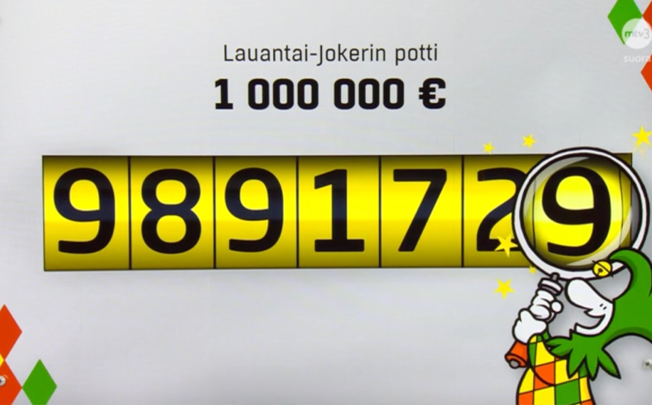 Lauantai-Jokeri tulokset. 9, 8, 9, 1, 7, 2 ja 9. Kaksi kuusi oikein tulosta.