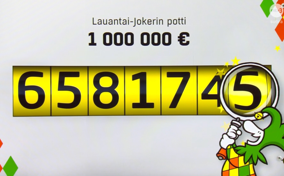 Lauantai-Jokerin tulos. Jokeri voittorivi 6581745 ja potti 1 miljoona euroa.