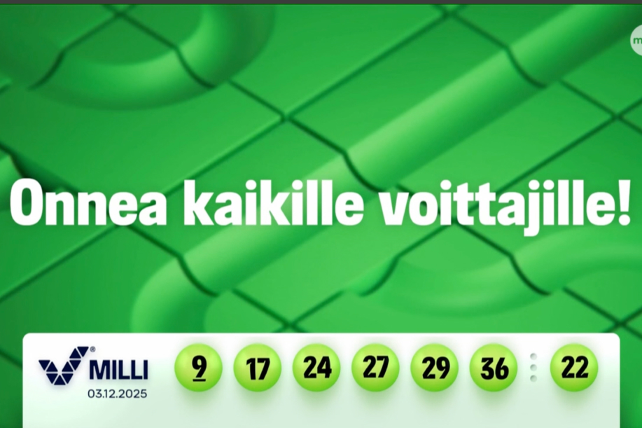 Veikkaus Milli-tulokset 03.12.2025. Oikeat numerot näyttävät olevan 9, 17, 24, 27, 29, 36 ja lisänumero 22.