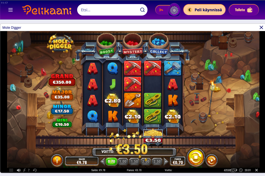 Mole Digger auki Pelikaani nettikasinolla. Pelaaja on saanut 3,5 € voiton ja saldo näyttää 9,78 €. Suomenkieliset tekstit.
