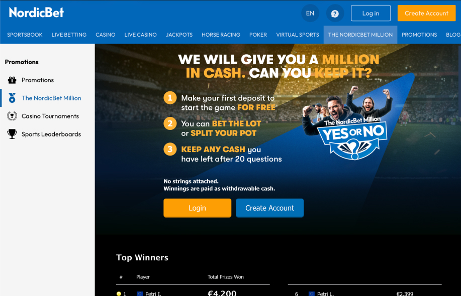 NordicBet Million -kampanjasivu, jossa pelaajille luvataan mahdollisuus voittaa miljoona euroa.