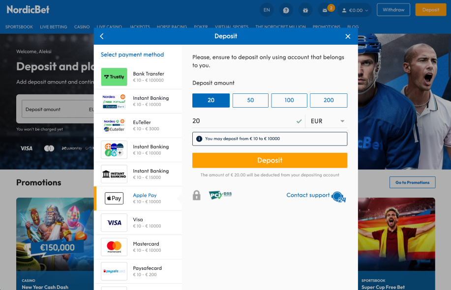 NordicBetin talletussivu, jossa näkyvät pankkisiirto, Apple Pay, Visa ja muut maksutavat.